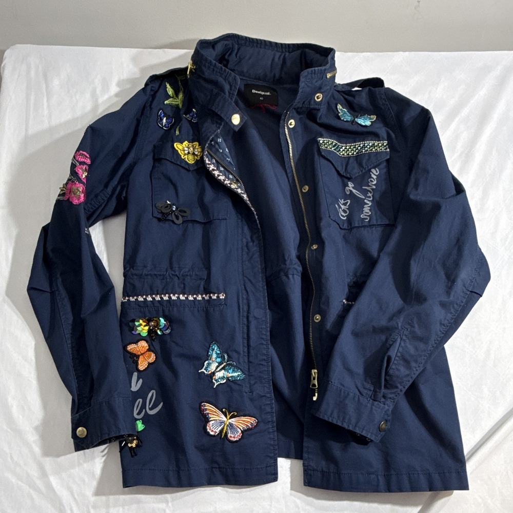 Desigual Women's Navy Embroidered Butterfly Floral Military Zip Jacket EU 40